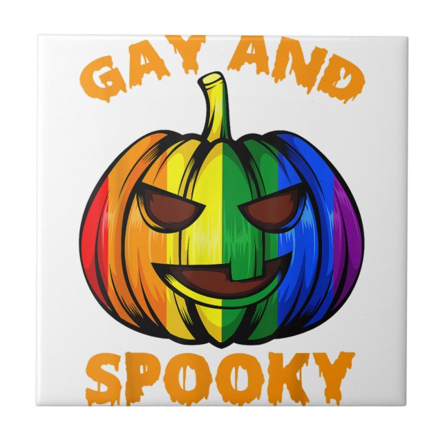 Gay And Spooky Halloween Rainbow Pumpkin LGBTQ+ Ga Tile (Front)