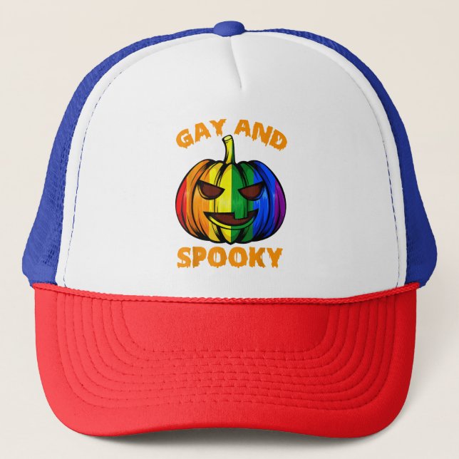 Gay And Spooky Halloween Rainbow Pumpkin LGBTQ+ Ga Trucker Hat (Front)