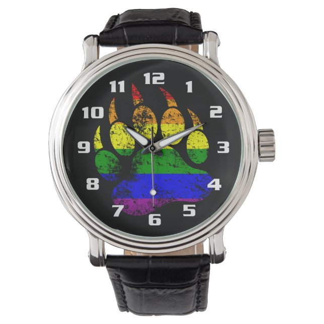 Gay Bear Pride Distressed Rainbow Flag Bear Paw Watch (Front)