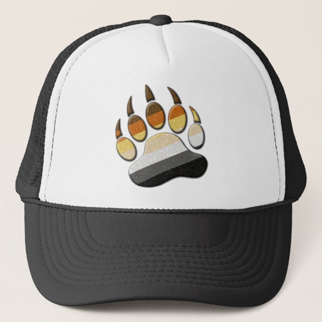 Gay Bear Pride Flag Colored Paw Symbol Trucker Hat (Front)