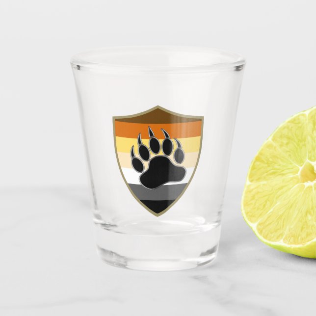 Gay Bears Pride Flag and Bear Paw Shield Shot Glass (Front)
