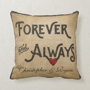 Gay Burlap Forever Always Heart Personalised Cushion