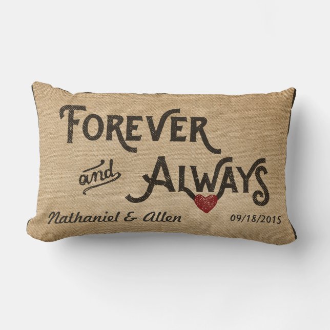 Gay Burlap Forever Always Heart Personalised Lumbar Cushion (Front)