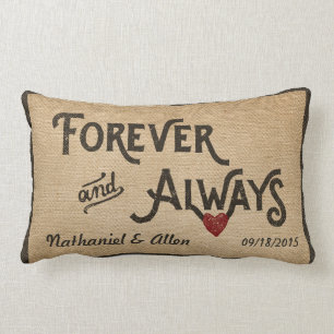 Gay Burlap Forever Always Heart Personalised Lumbar Cushion