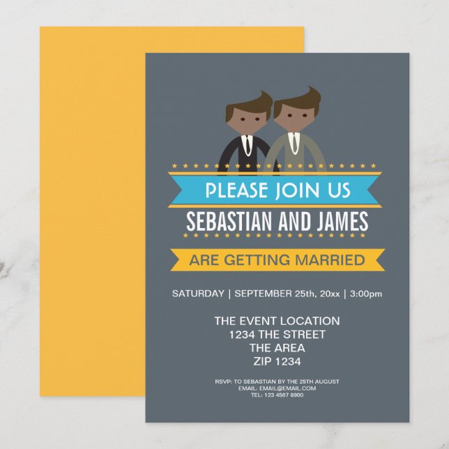 Gay Cartoon Grooms Wedding Themed Invitation (Front/Back)