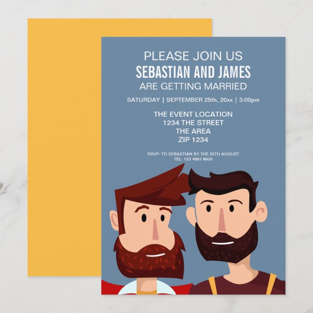 Gay Cartoon Grooms With Beards Wedding Themed Invitation (Front/Back)
