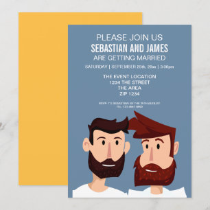 Gay Cartoon Grooms With Beards Wedding Themed Invitation