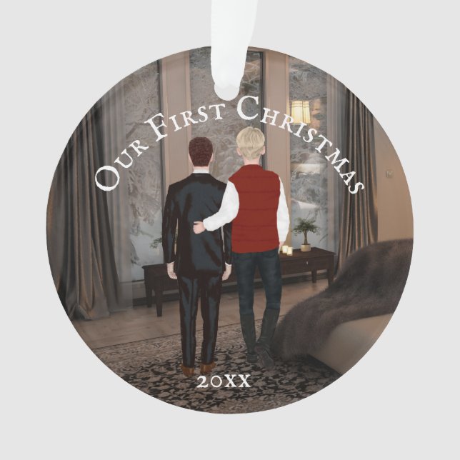 Gay Caucasian couple cosy lounge snow | PHOTO Ornament (Front)