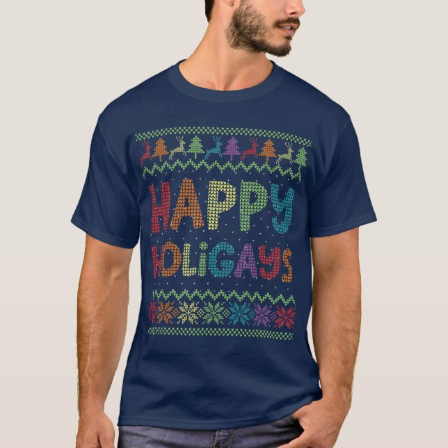Gay Christmas Funny LGB Happy Holigays Rainbow T-Shirt (Front)