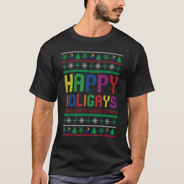 Gay Christmas Funny LGBT Happy Holigays Rainbow Pa T-Shirt (Front)