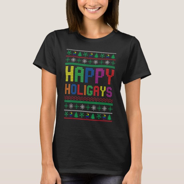 Gay Christmas Funny LGBT Happy Holigays Rainbow Pa T-Shirt (Front)