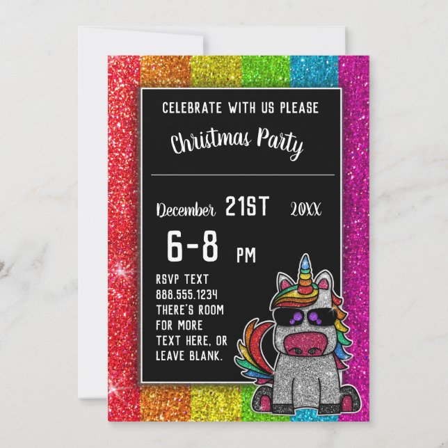 Gay Christmas Party Rainbow Glitter Unicorn LGBT+  Invitation (Back)