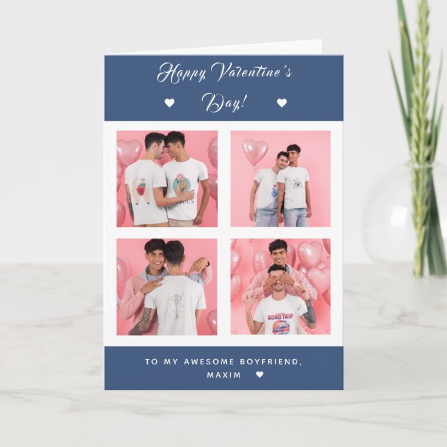 Gay Couple 4 Photo Collage Valentines Day Blue Card (Front)