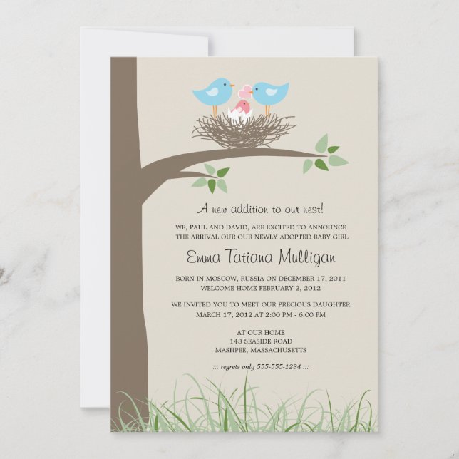 Gay Couple Adoption Announcement Baby Bird's Nest (Front)