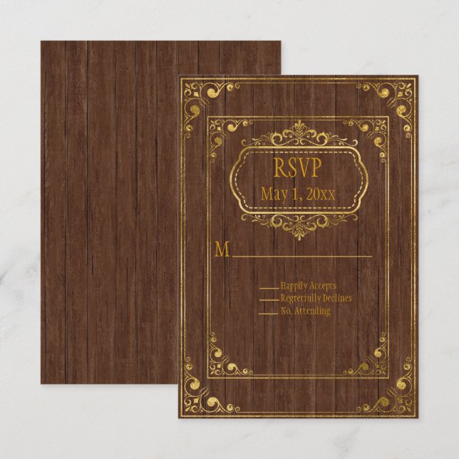 Gay Couple Brown Barnwood and Gold Wedding RSVP Card (Front/Back)