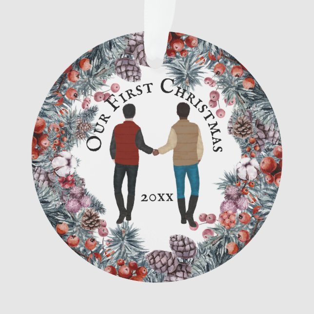 Gay couple caucasian African American holly wreath Ornament (Front)
