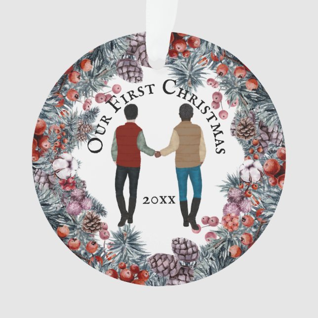 Gay couple caucasian African American men wreath Ornament (Front)