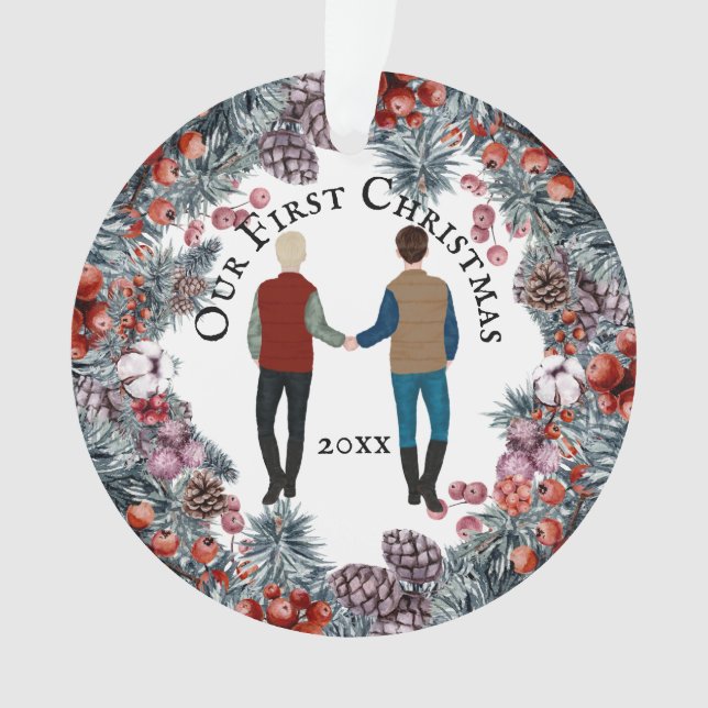 Gay couple caucasian men berry Christmas wreath Ornament (Front)