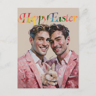 Gay Couple in Pink Suits with Bunny Easter card