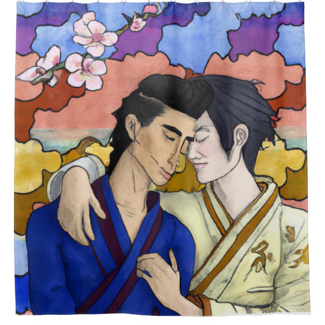 Gay Couple In The Style Of Ukiyo-e Japanese Art Shower Curtain (Front)