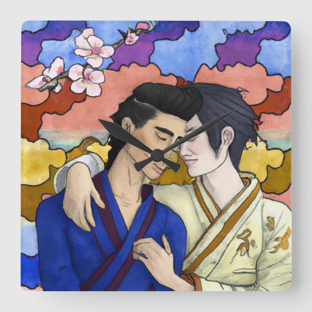 Gay Couple In The Style Of Ukiyo-e Japanese Art Square Wall Clock (Front)