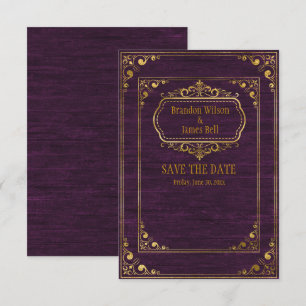 Gay Couple Purple Barnwood Gold Frames Wedding  Save The Date