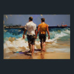 Gay couple walking on the beach poster<br><div class="desc">Oil pallet knife and brush painting of two men hand in hand walking on the beach on a sunny day.

Crafted using generative algorithms and Photoshop. This is another 100% original Snuggle Hamster design.</div>