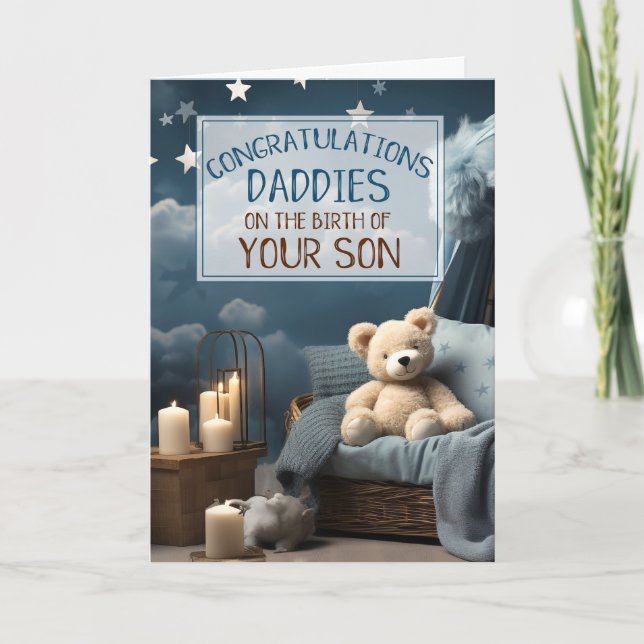 Gay DADDIES Blue New Baby Congratulations Card (Front)