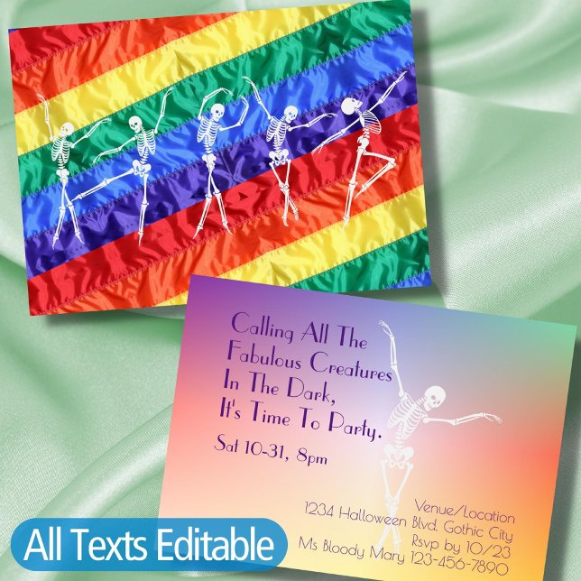 Gay Dance Party Dancing Skeleton Rainbow Flag LGBT Invitation (Creator Uploaded)