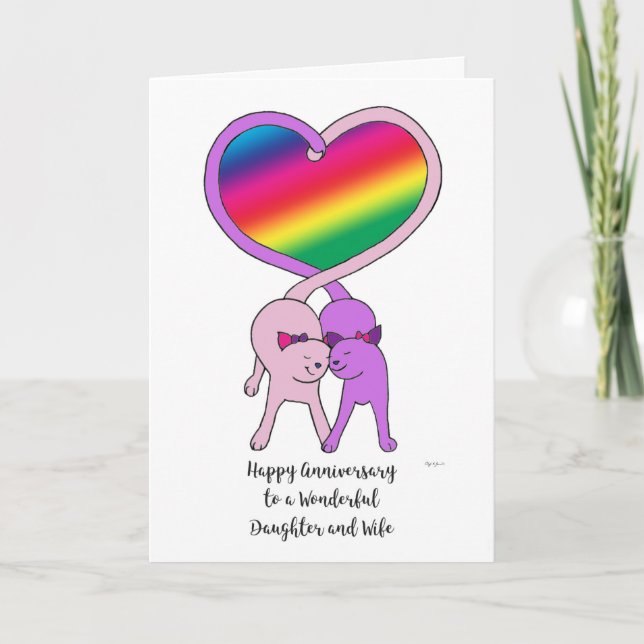 Gay Daughter & Wife Anniversary Rainbow Cats Card (Front)