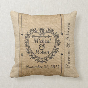 Gay Fancy Burlap Anniversary Date Heart Cushion