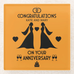  Gay Girls Wedding Anniversary Glass Coaster