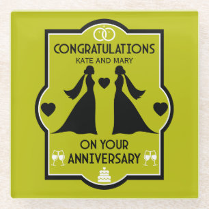 Gay Girls Wedding Anniversary Glass Coaster