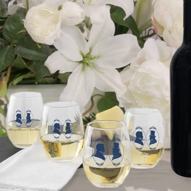 Gay Grooms Regency Blue Roses Stemless Wine Glass (Creator Uploaded)