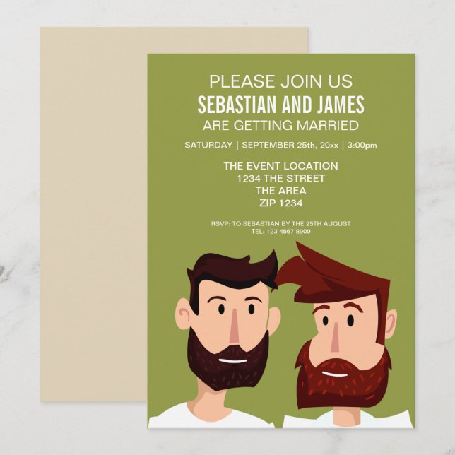 Gay Grooms With Beards Cartoon Wedding Themed Invitation (Front/Back)