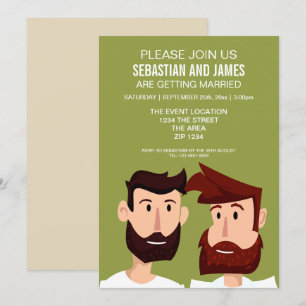 Gay Grooms With Beards Cartoon Wedding Themed Invitation