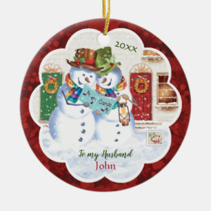Gay, Husband, 2 Cute Snowmen Carolling, xmas Ceramic Tree Decoration