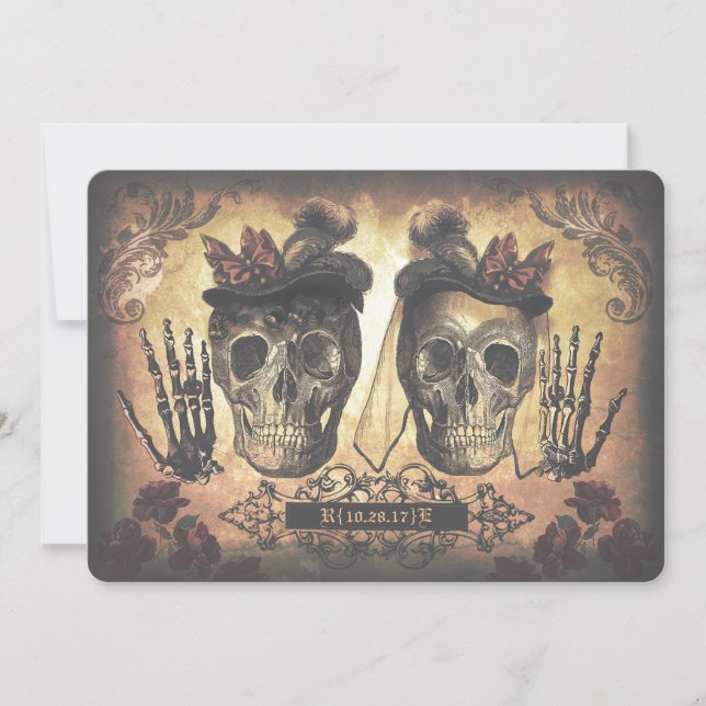 Gay Lesbian Female Couple Skulls Gothic Wedding Invitation (Front)
