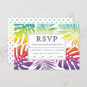 Gay, lesbian wedding rainbow leaves polka dots RSVP card