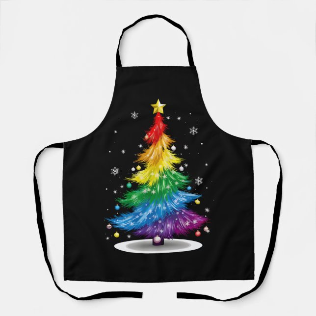 Gay LGBT Pride Rainbow Christmas Tree Merry Xmas Apron (Front)