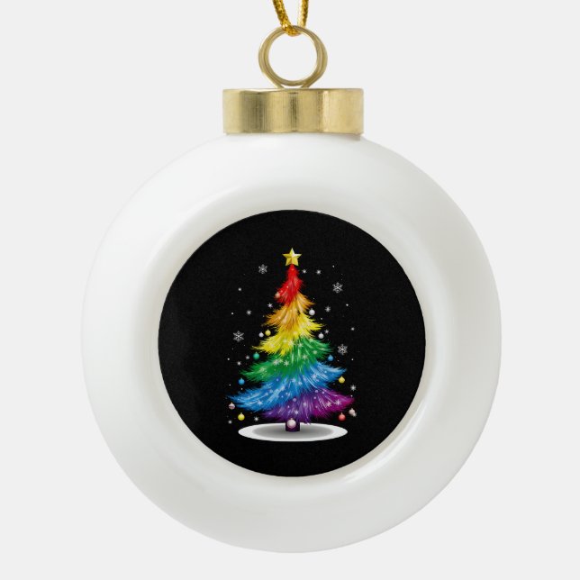 Gay LGBT Pride Rainbow Christmas Tree Merry Xmas Ceramic Ball Christmas Ornament (Front)