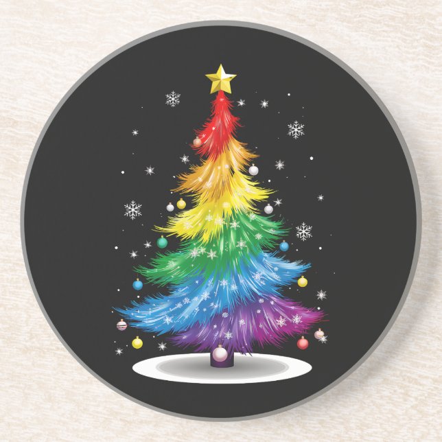 Gay LGBT Pride Rainbow Christmas Tree Merry Xmas Coaster (Front)