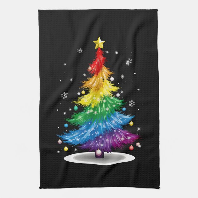 Gay LGBT Pride Rainbow Christmas Tree Merry Xmas Tea Towel (Vertical)