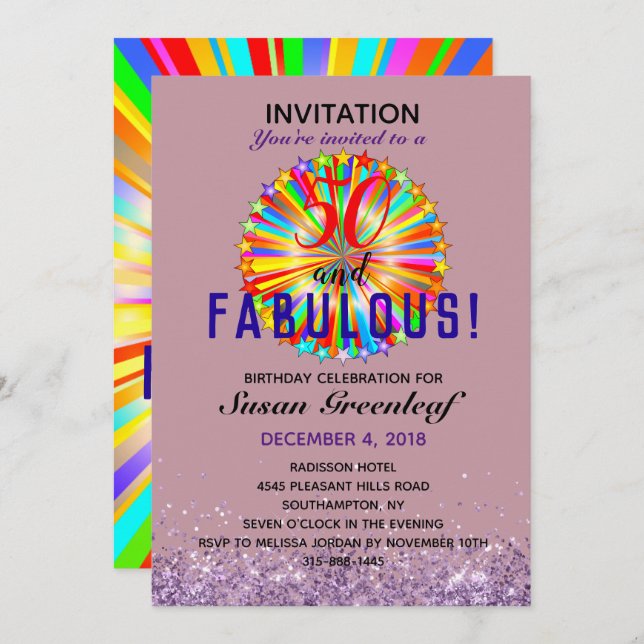 Gay LGBTQ Any Age Fabulous Rainbow Birthday Mauve  Invitation (Front/Back)