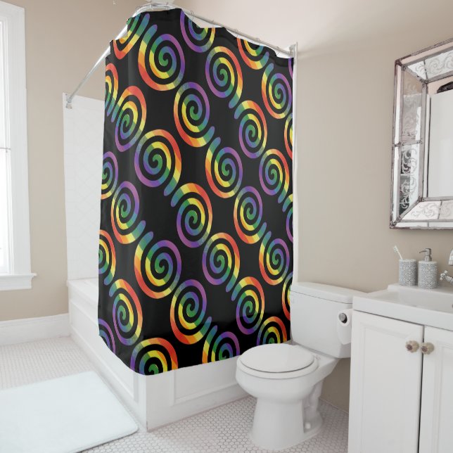 Gay LGBTQ Rainbow Pride Stripe Circular Pattern Shower Curtain (In Situ)