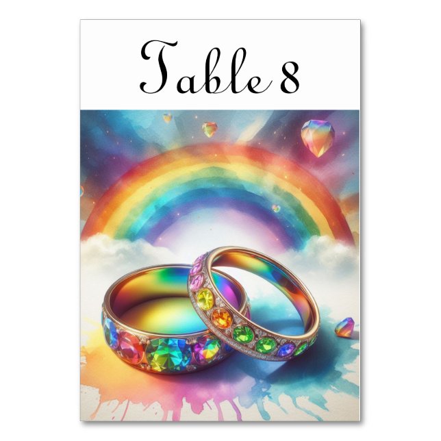 Gay LGBTQ Wedding Rainbow Rings Table Numbers (Front)