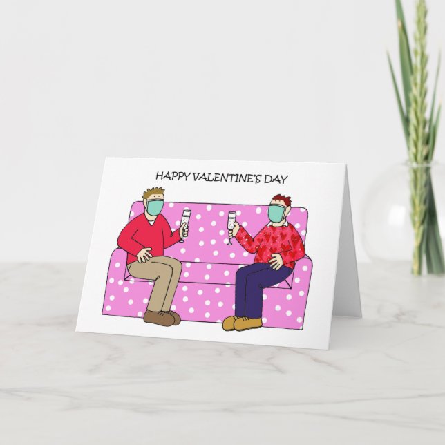 Gay Male Valentine Couple in Face Masks Card (Front)