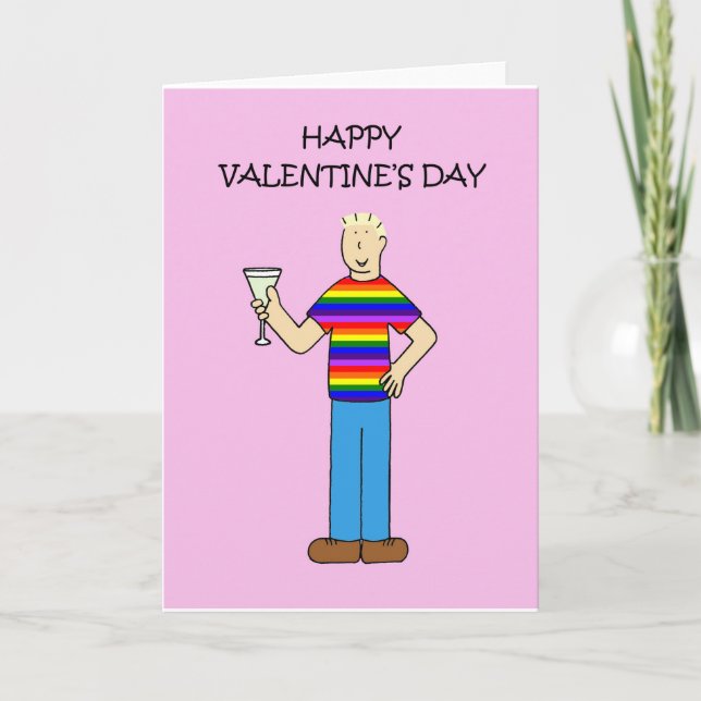 Gay Male Valentine Man in Rainbow T-Shirt Holiday Card (Front)