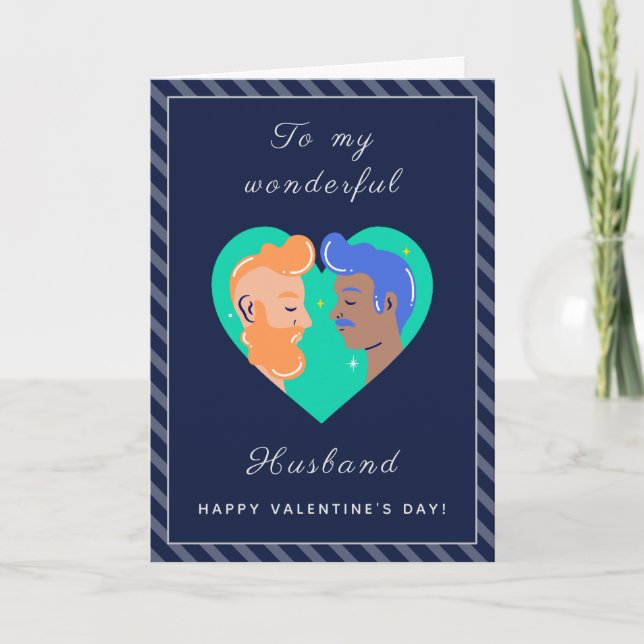 Gay Men Couple Love Valentine's Day Striped Modern Holiday Card (Front)
