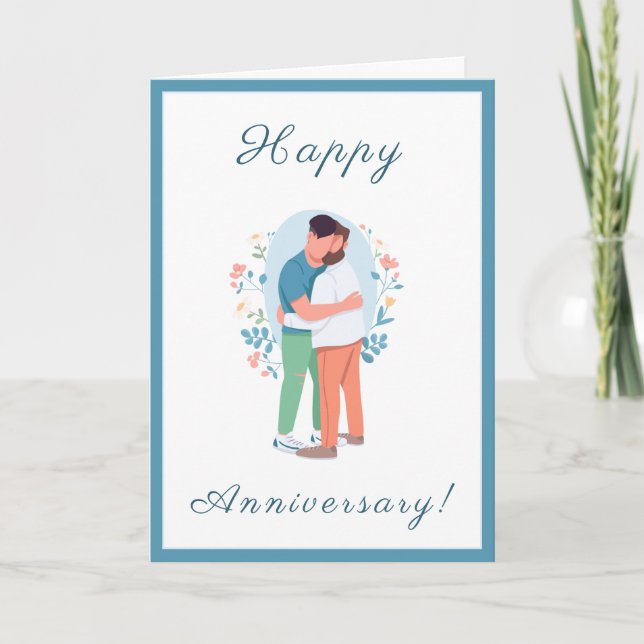 Gay Men Couple Wedding Anniversary Hugging Romance Holiday Card (Front)